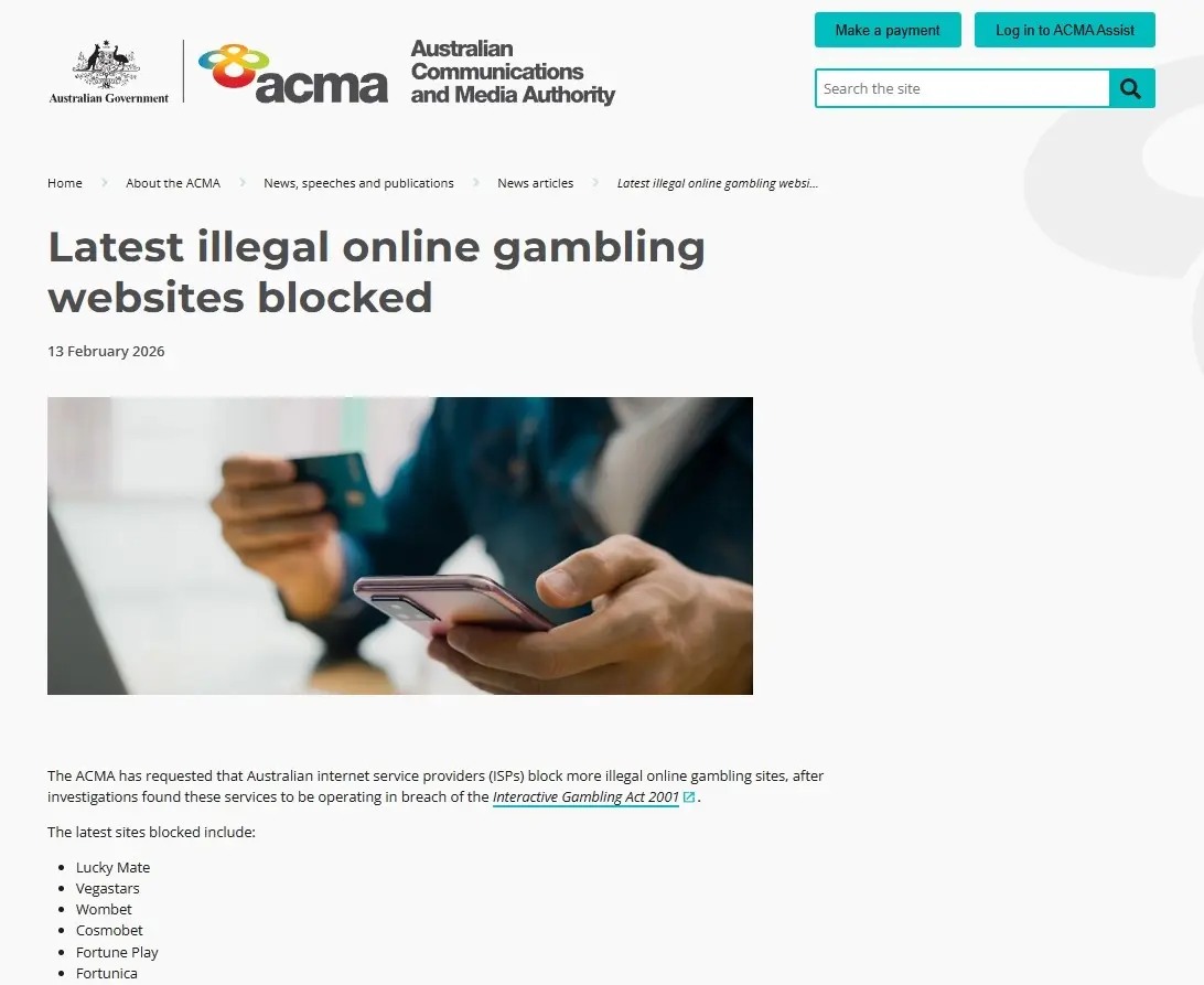 ACMA February 2026 webpage naming Fortune Play in a website blocking action