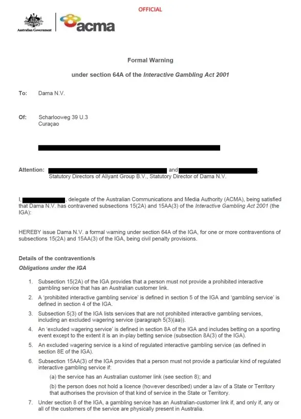 ACMA formal warning naming Fortune Play and findings under the Interactive Gambling Act 2001