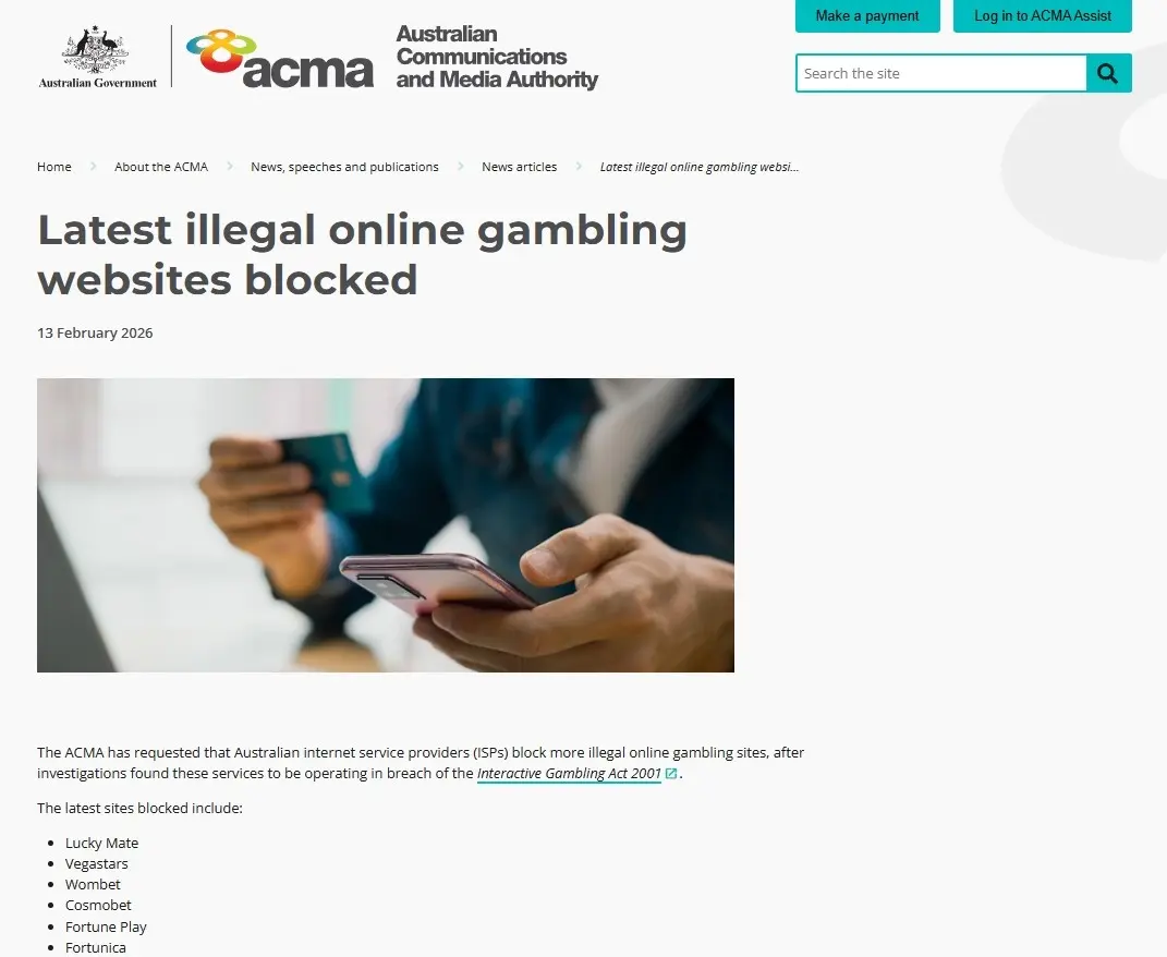 ACMA page naming Fortune Play in an Australian website-blocking action