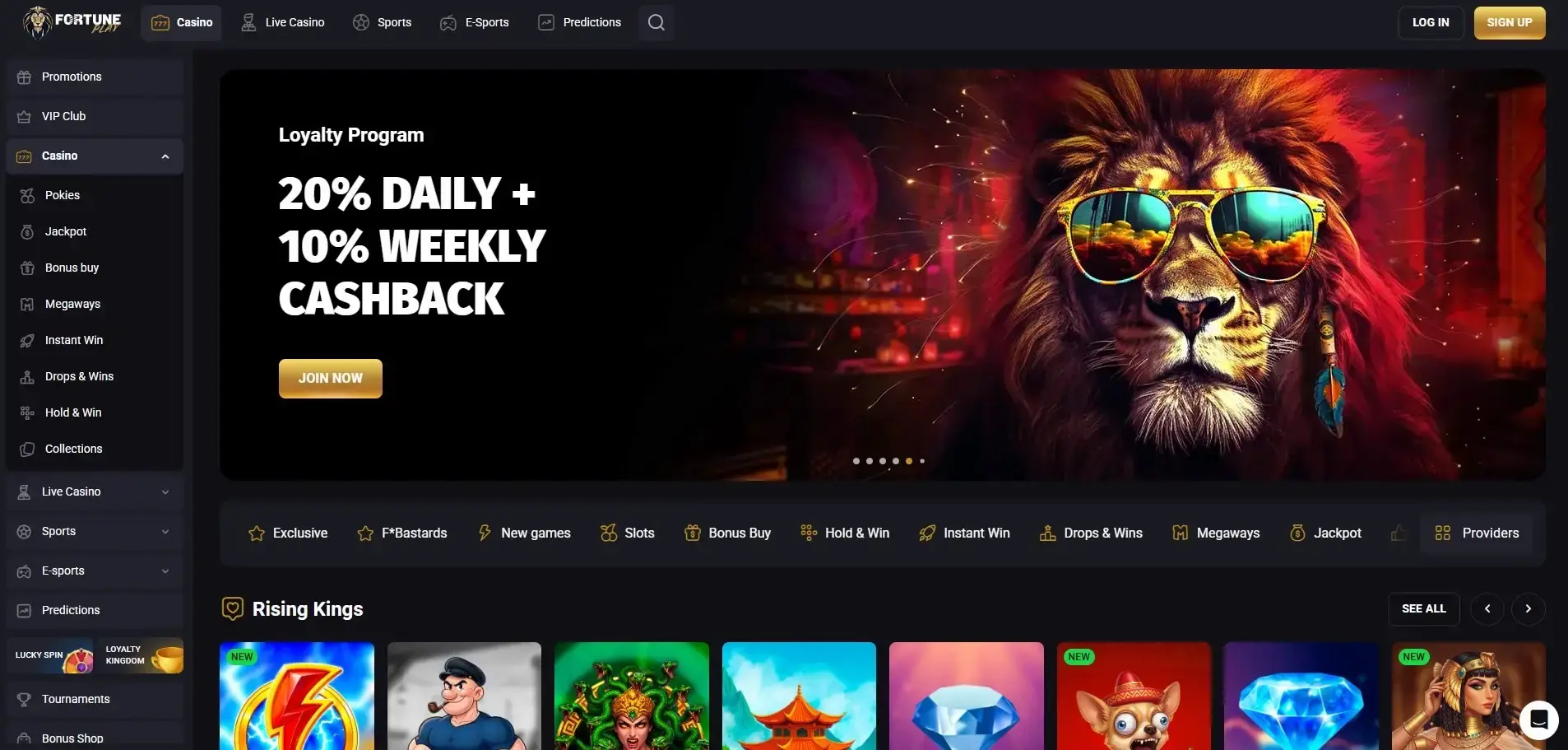 Fortune Play Australian English homepage and navigation