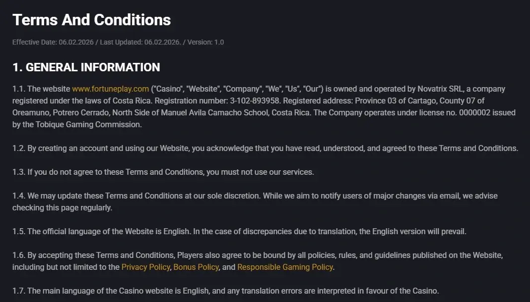 Fortune Play Terms and Conditions showing Novatrix SRL and Tobique Gaming Commission licence number 0000002
